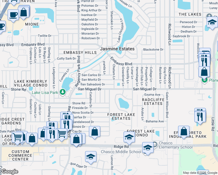 map of restaurants, bars, coffee shops, grocery stores, and more near 7415 San Salvadore Drive in Port Richey