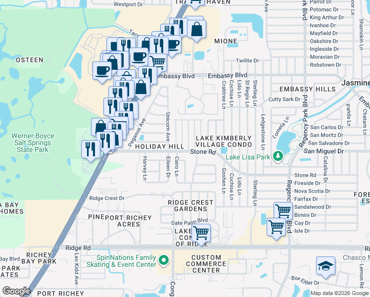 map of restaurants, bars, coffee shops, grocery stores, and more near 9025 Robert Avenue in Port Richey