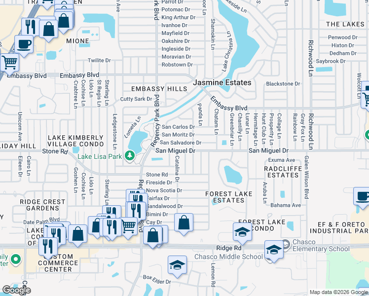 map of restaurants, bars, coffee shops, grocery stores, and more near 7321 San Miguel Drive in Port Richey