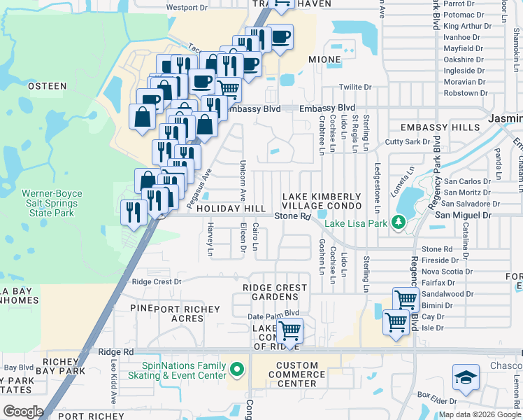 map of restaurants, bars, coffee shops, grocery stores, and more near 9025 Rawlins Avenue in Port Richey
