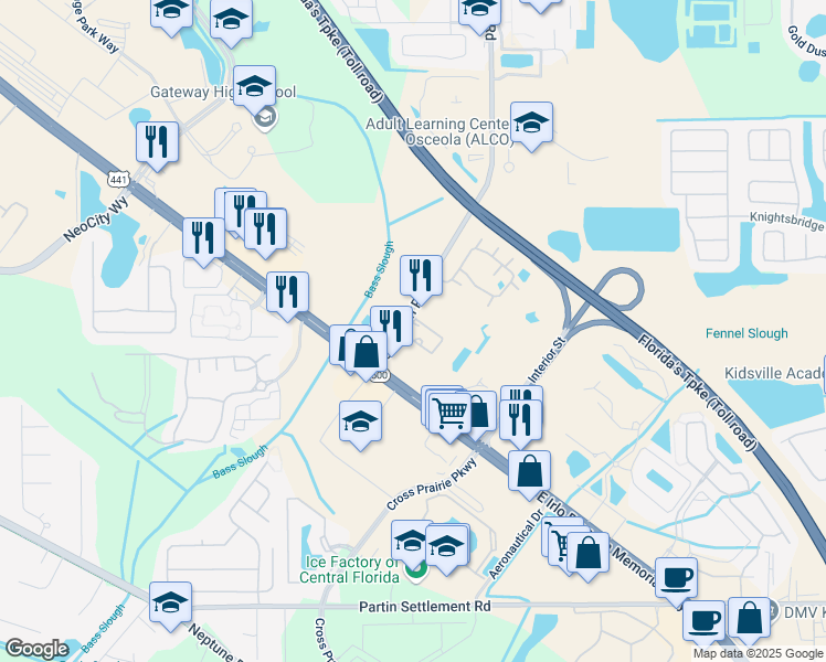map of restaurants, bars, coffee shops, grocery stores, and more near 201 Simpson Road in Kissimmee