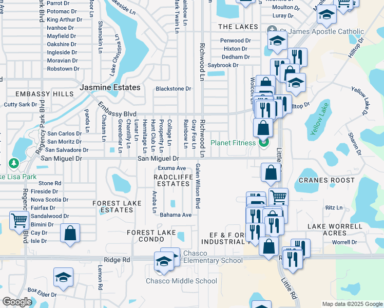 map of restaurants, bars, coffee shops, grocery stores, and more near 9011 Gray Fox Lane in Port Richey