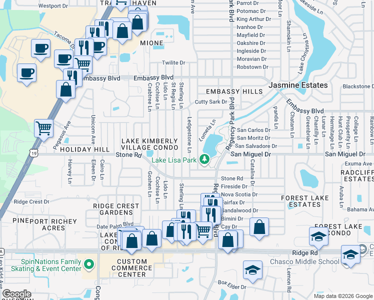 map of restaurants, bars, coffee shops, grocery stores, and more near 9021 Ledgestone Lane in Port Richey