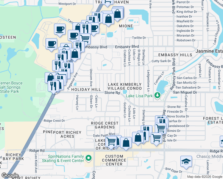 map of restaurants, bars, coffee shops, grocery stores, and more near 9020 Saint Clair Lane in Port Richey