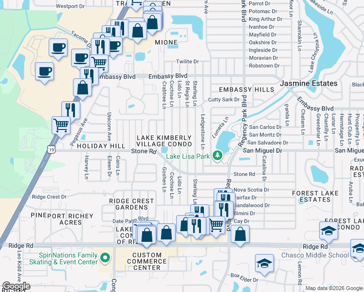 map of restaurants, bars, coffee shops, grocery stores, and more near 9021 Saint Regis Lane in Port Richey