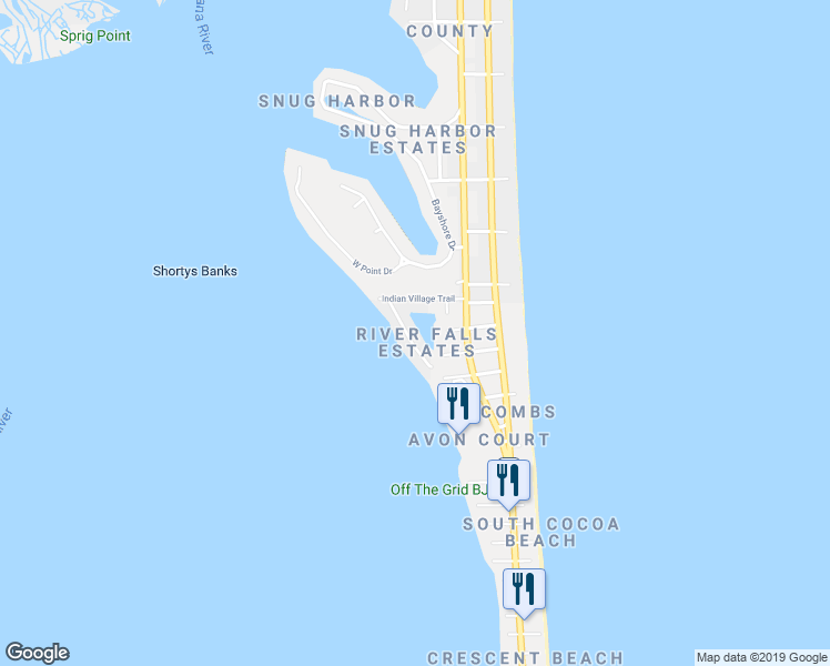 map of restaurants, bars, coffee shops, grocery stores, and more near 43 River Falls Drive in Cocoa Beach