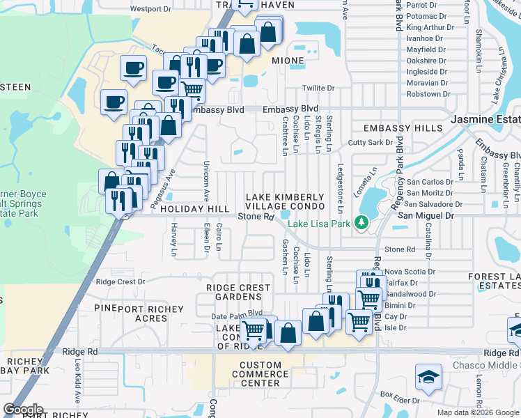 map of restaurants, bars, coffee shops, grocery stores, and more near 9011 Saint Clair Lane in Port Richey