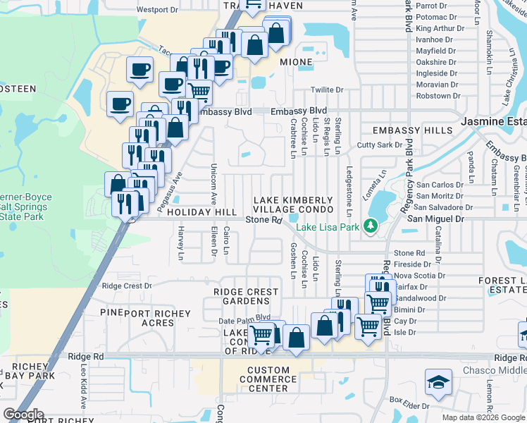 map of restaurants, bars, coffee shops, grocery stores, and more near 9020 Saint Clair Lane in Port Richey