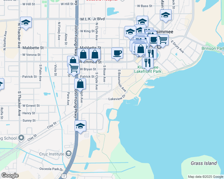 map of restaurants, bars, coffee shops, grocery stores, and more near 698 W Clay St in Kissimmee