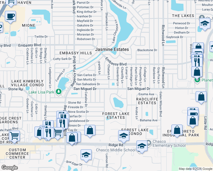 map of restaurants, bars, coffee shops, grocery stores, and more near 7500 San Salvadore Drive in Port Richey