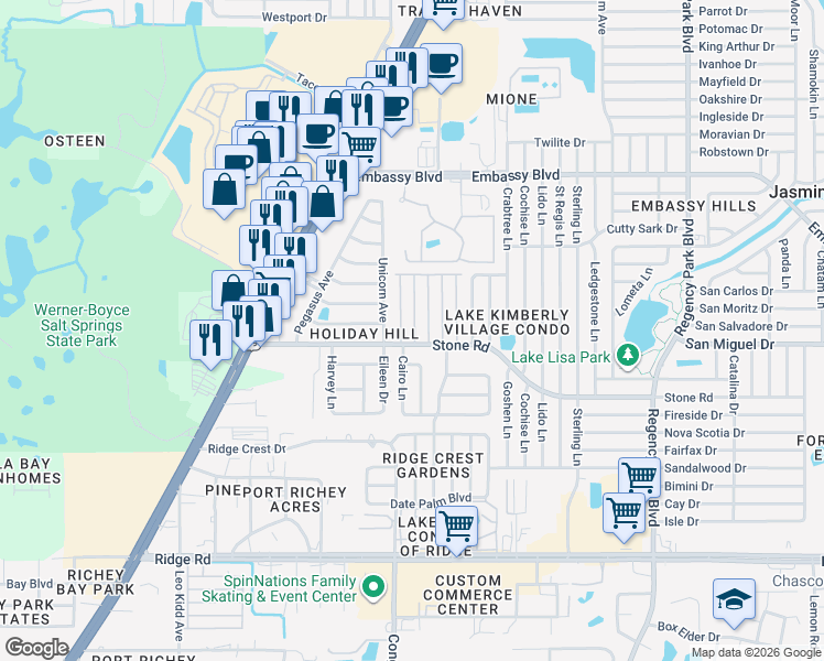 map of restaurants, bars, coffee shops, grocery stores, and more near 9025 Rawlins Avenue in Port Richey