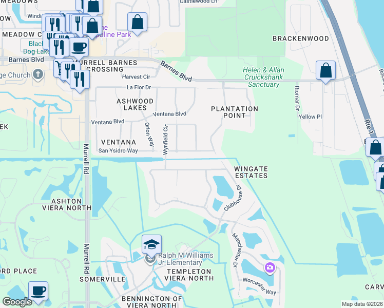 map of restaurants, bars, coffee shops, grocery stores, and more near 4098 San Beluga Way in Rockledge