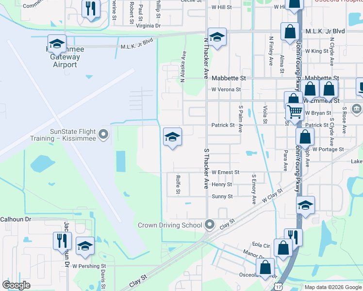 map of restaurants, bars, coffee shops, grocery stores, and more near 435 Rolfe Street in Kissimmee