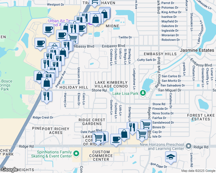 map of restaurants, bars, coffee shops, grocery stores, and more near 9020 Saint Clair Lane in Port Richey