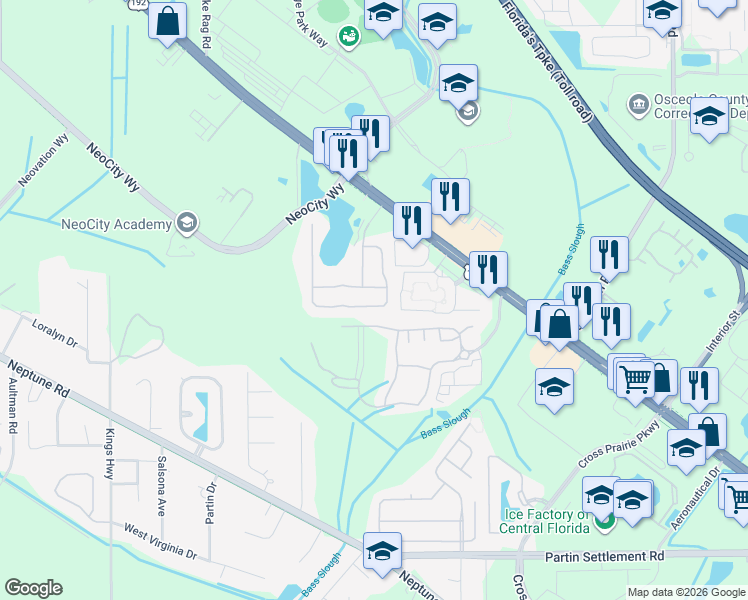 map of restaurants, bars, coffee shops, grocery stores, and more near 252 Magical Way in Kissimmee