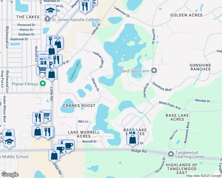 map of restaurants, bars, coffee shops, grocery stores, and more near 9000 Sharon Drive in New Port Richey
