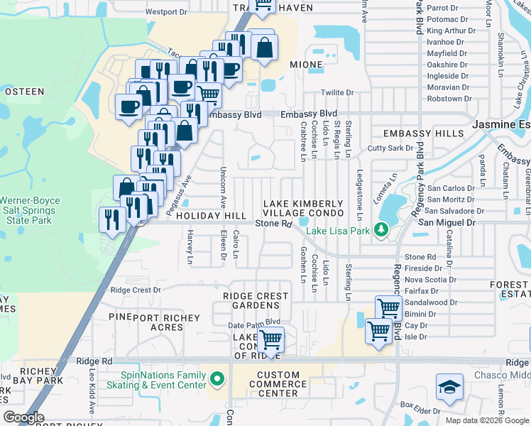 map of restaurants, bars, coffee shops, grocery stores, and more near 9025 Robert Avenue in Port Richey