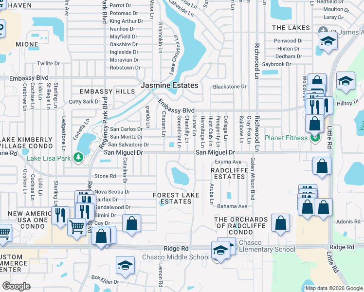 map of restaurants, bars, coffee shops, grocery stores, and more near 9020 Greenbriar Lane in Port Richey