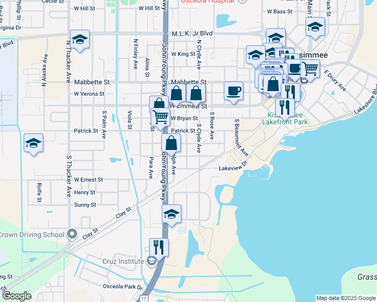 map of restaurants, bars, coffee shops, grocery stores, and more near 319 South Dillingham Avenue in Kissimmee