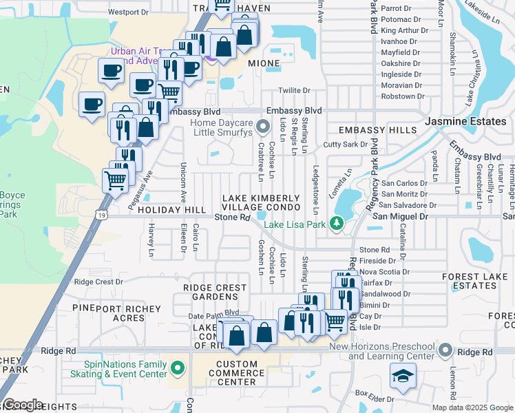map of restaurants, bars, coffee shops, grocery stores, and more near 6730 Moonglow Drive in Port Richey