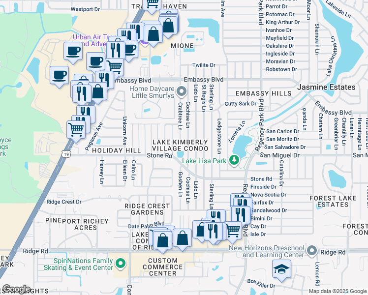 map of restaurants, bars, coffee shops, grocery stores, and more near 6750 Moonglow Drive in Port Richey
