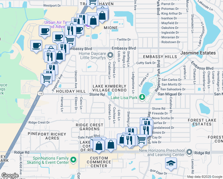 map of restaurants, bars, coffee shops, grocery stores, and more near 6750 Moonglow Drive in Port Richey
