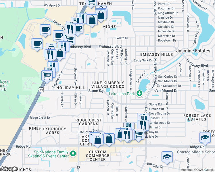 map of restaurants, bars, coffee shops, grocery stores, and more near 6750 Moonglow Drive in Port Richey