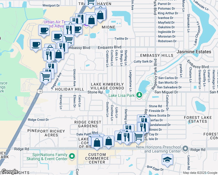 map of restaurants, bars, coffee shops, grocery stores, and more near 6750 Moonglow Drive in Port Richey
