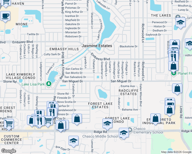 map of restaurants, bars, coffee shops, grocery stores, and more near 9016 Chatam Lane in Port Richey