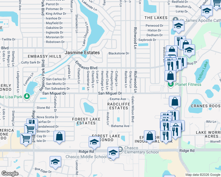 map of restaurants, bars, coffee shops, grocery stores, and more near 9021 Prosperity Lane in Port Richey