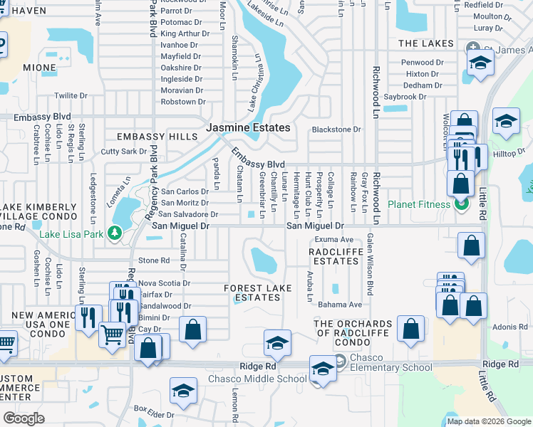map of restaurants, bars, coffee shops, grocery stores, and more near 9020 Greenbriar Ln in Port Richey