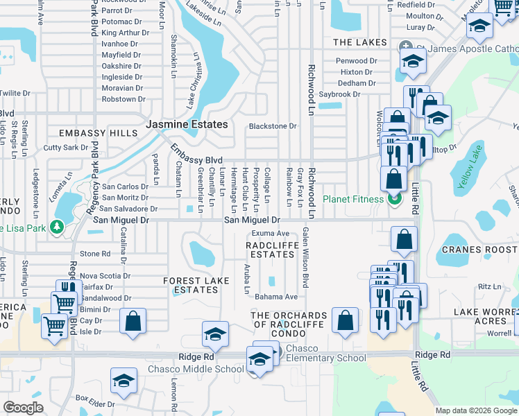 map of restaurants, bars, coffee shops, grocery stores, and more near 9020 Prosperity Lane in Port Richey