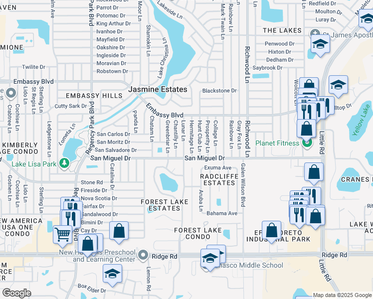 map of restaurants, bars, coffee shops, grocery stores, and more near 9020 Lunar Lane in Port Richey