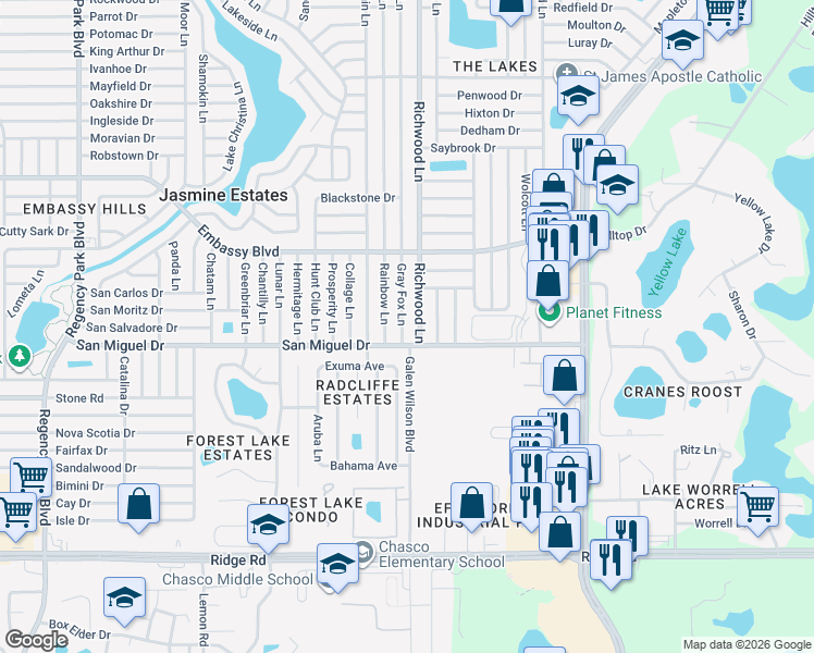 map of restaurants, bars, coffee shops, grocery stores, and more near 9020 Gray Fox Lane in Port Richey