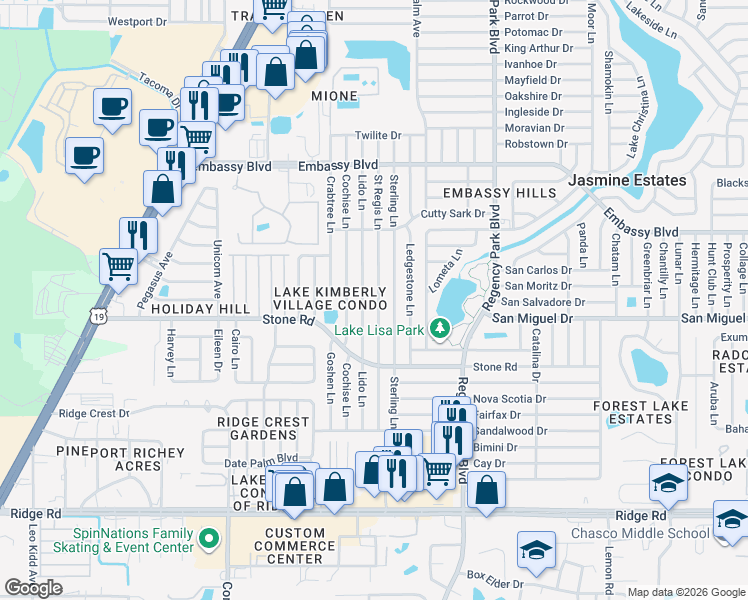 map of restaurants, bars, coffee shops, grocery stores, and more near 9021 Saint Regis Lane in Port Richey