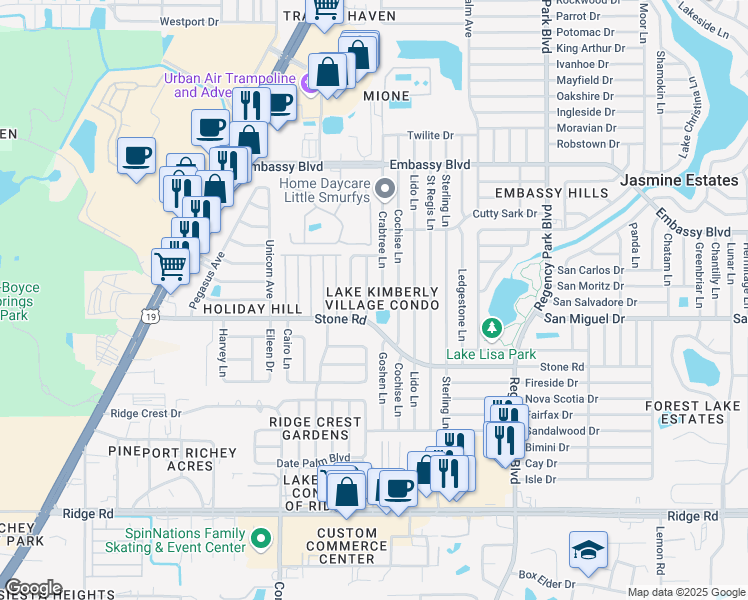 map of restaurants, bars, coffee shops, grocery stores, and more near 6730 Moonglow Drive in Port Richey
