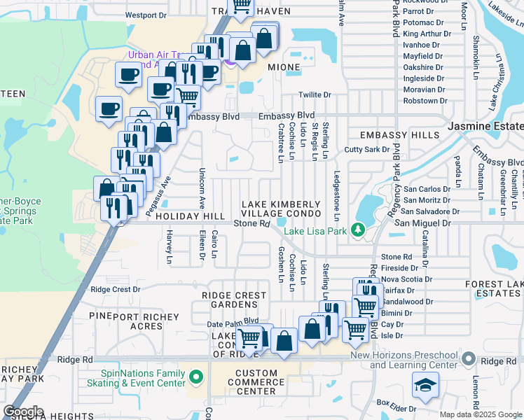 map of restaurants, bars, coffee shops, grocery stores, and more near 9020 Saint Clair Lane in Port Richey