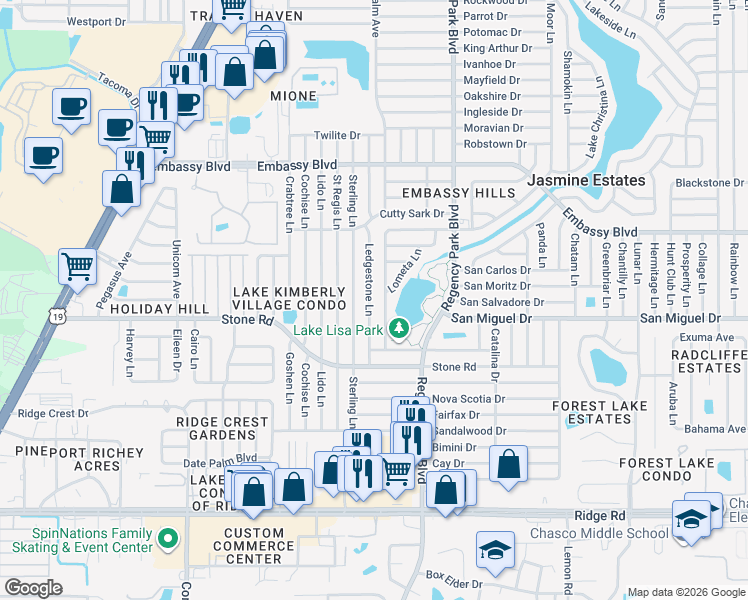 map of restaurants, bars, coffee shops, grocery stores, and more near 9020 Ledgestone Lane in Port Richey