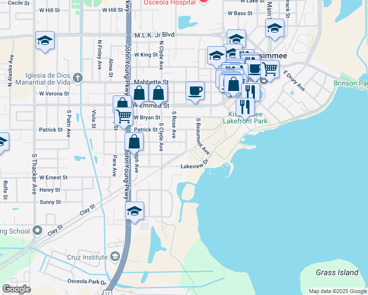 map of restaurants, bars, coffee shops, grocery stores, and more near 404 South Vernon Avenue in Kissimmee