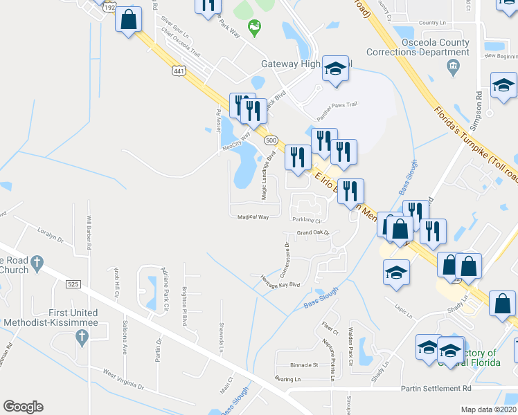 map of restaurants, bars, coffee shops, grocery stores, and more near 1922 Magical Lane in Kissimmee