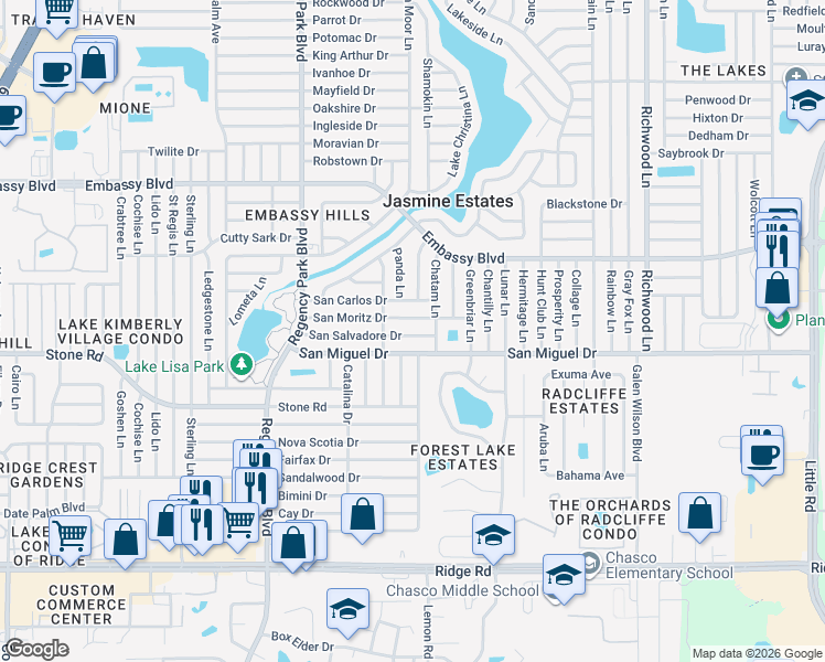 map of restaurants, bars, coffee shops, grocery stores, and more near 7431 San Salvadore Drive in Port Richey