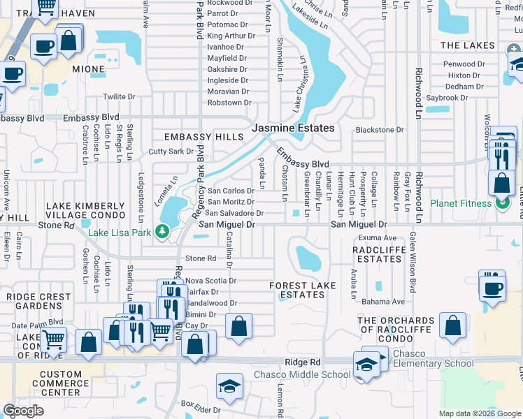 map of restaurants, bars, coffee shops, grocery stores, and more near 7415 San Salvadore Drive in Port Richey