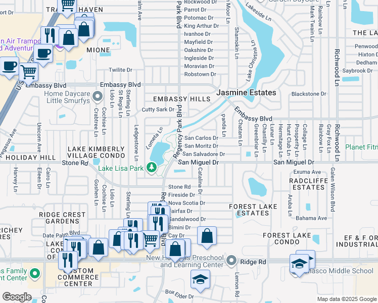 map of restaurants, bars, coffee shops, grocery stores, and more near 7221 San Salvadore Drive in Port Richey
