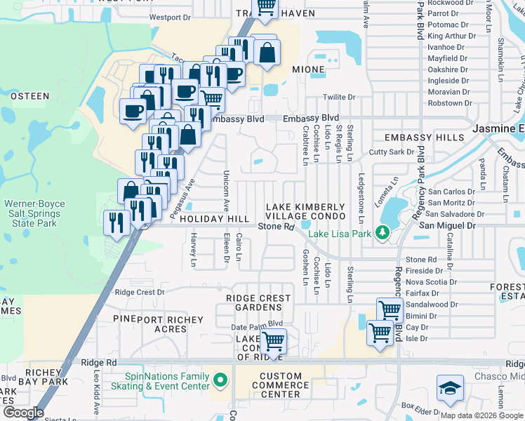 map of restaurants, bars, coffee shops, grocery stores, and more near 9025 Robert Avenue in Port Richey
