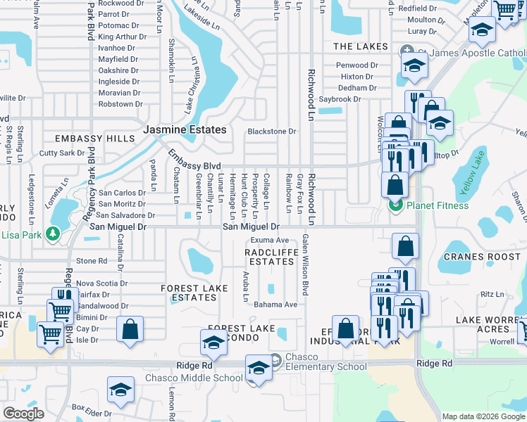 map of restaurants, bars, coffee shops, grocery stores, and more near 9021 Prosperity Lane in Port Richey