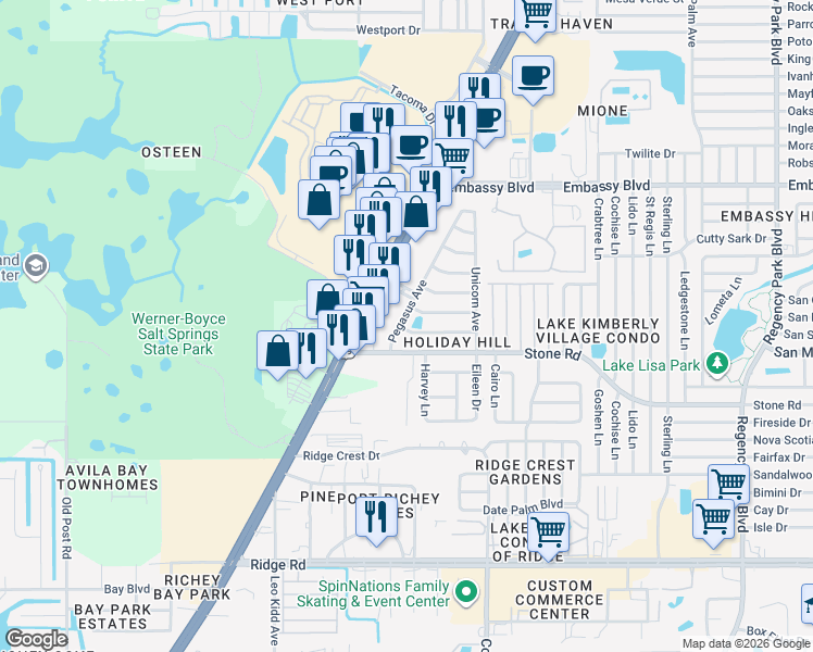 map of restaurants, bars, coffee shops, grocery stores, and more near 6265 Gainsboro Drive in Port Richey