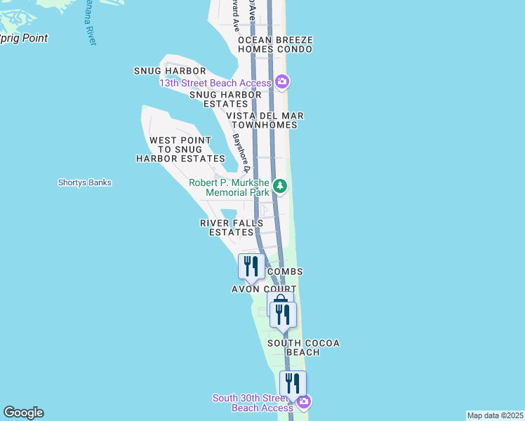map of restaurants, bars, coffee shops, grocery stores, and more near 1700 South Atlantic Avenue in Cocoa Beach