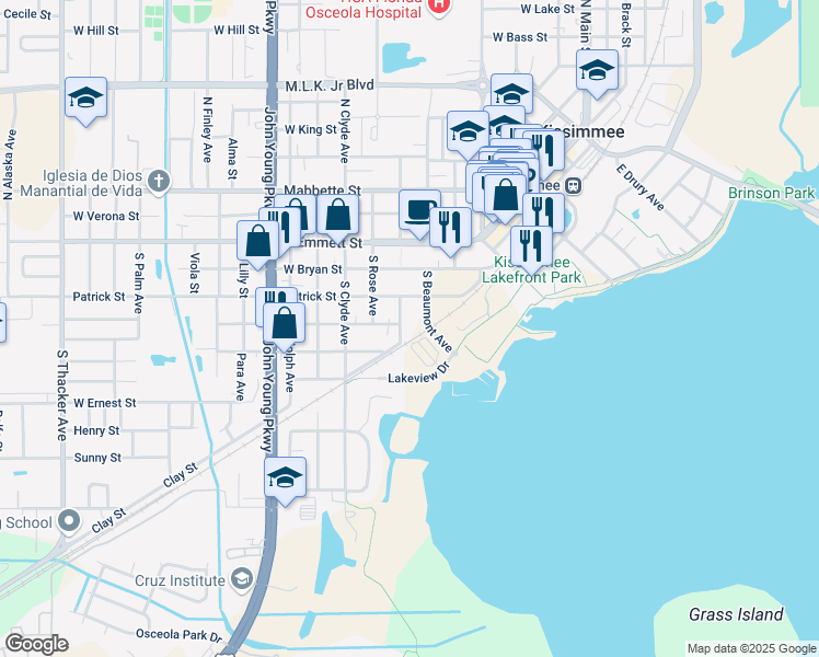 map of restaurants, bars, coffee shops, grocery stores, and more near 404 South Vernon Avenue in Kissimmee