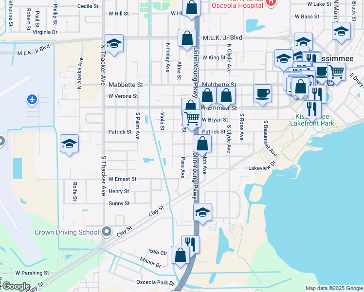 map of restaurants, bars, coffee shops, grocery stores, and more near 304 South Lilly Street in Kissimmee