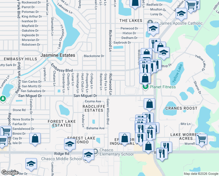 map of restaurants, bars, coffee shops, grocery stores, and more near 9039 Richwood Lane in Port Richey